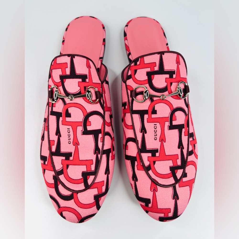 Gucci Princetown Horsebit Logo Print Pink Fabric Flat Loafer Mules Size EU 38.5 - Picture 12 of 12